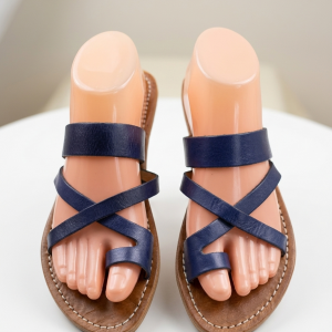 Uk Size 5 Navy Handmade Moroccan Leather, Flat Sandals